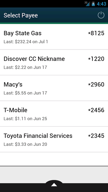Screenshot of Android phone bill pay payees
