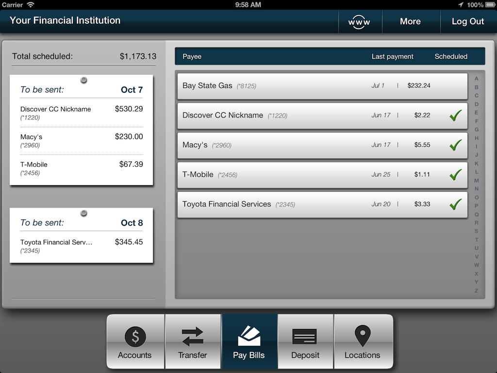 Screenshot of iPad bill pay payees