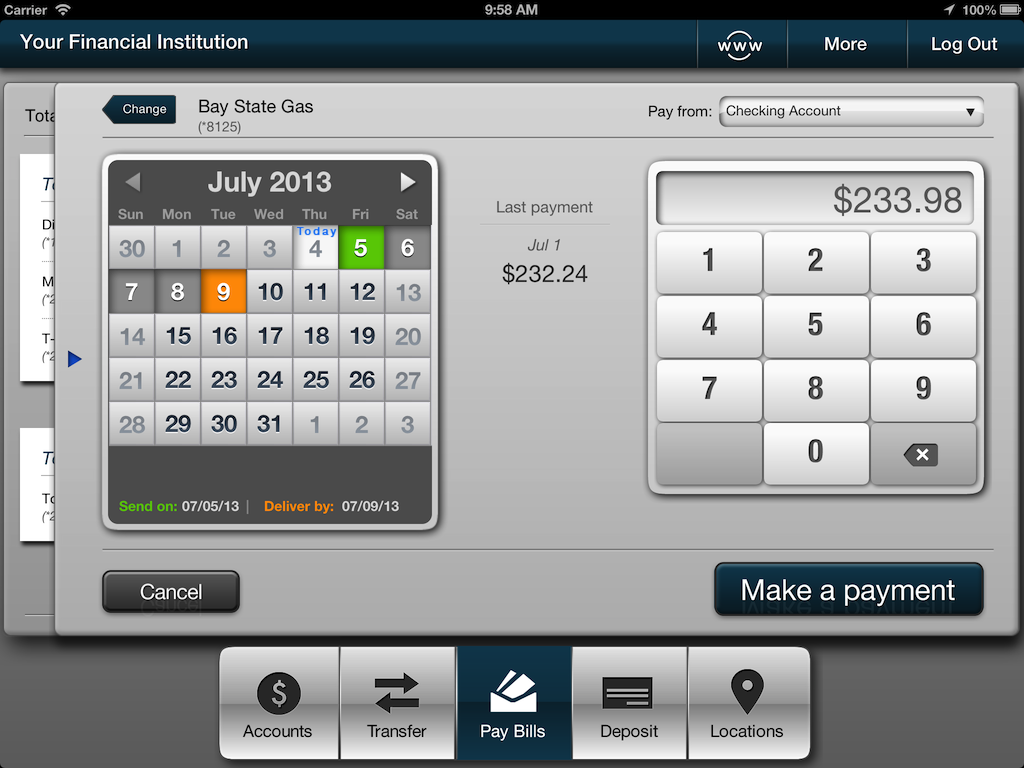 Screenshot of iPad bill payment