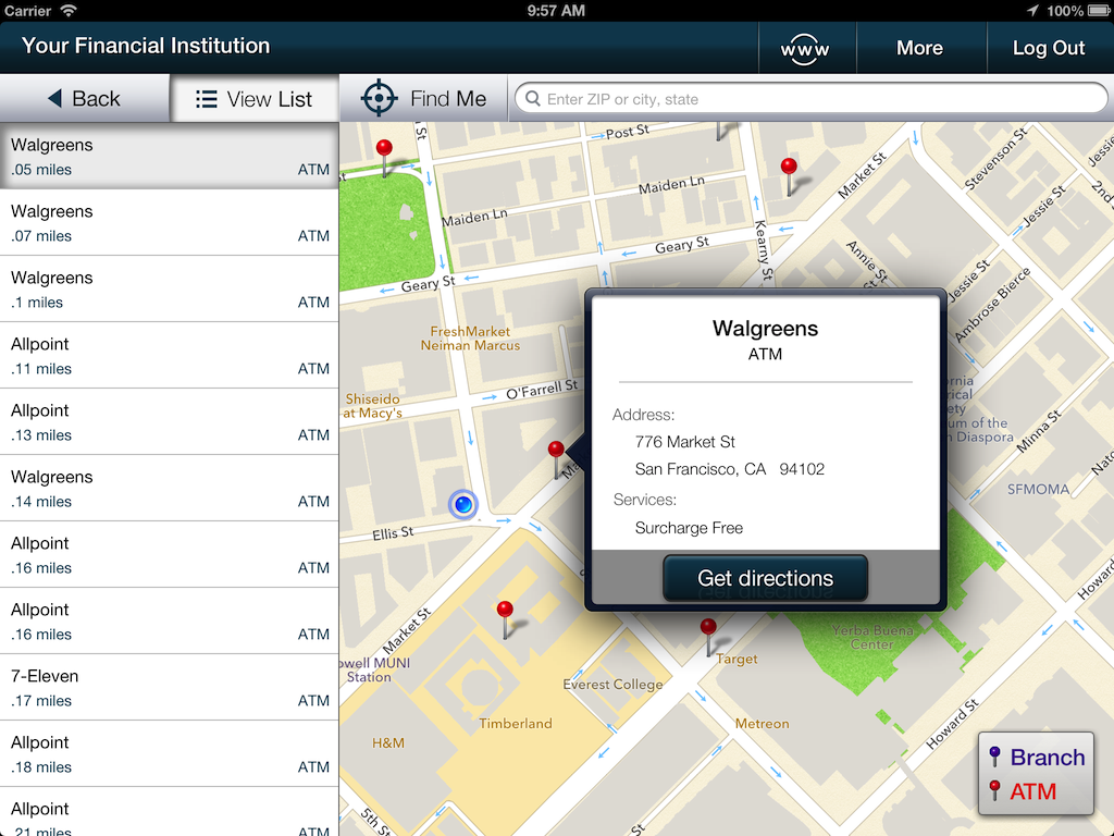 Screenshot of iPad locations map