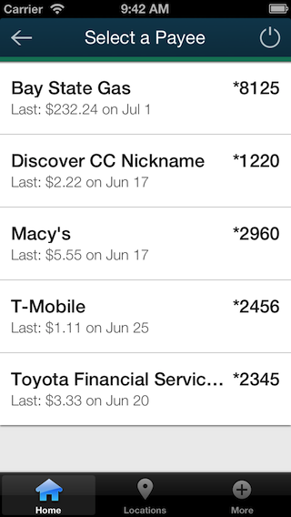 Screenshot of iPhone bill pay payees